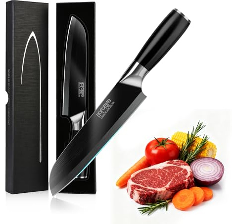 hoforife 20cm Santoku Knife, Japanese Hand Forged Chefs Knife High Carbon Steel Core with Wooden Ergonomic Handle, Gift Box (Black)