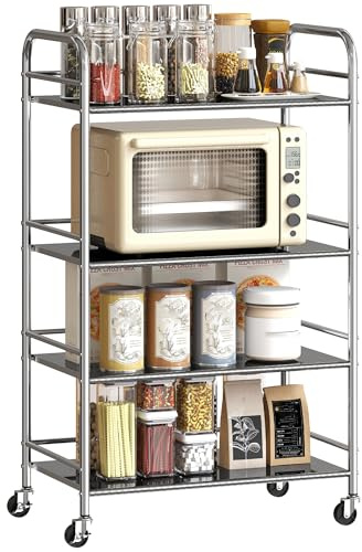 HOMCOM 4 Tier Stainless Steel Storage Trolley with Adjustable Shelves, Serving Trolley with Locking Wheels and Handles, Rolling Cart for Kitchen, Dining Room, Bathroom, Silver