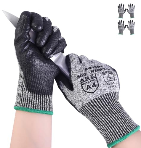AovYoo 2 Pairs Cut Resistant Work Gloves ANSI A4 Touchscreen PU Grip, M | EN388 4X42D Protection, Non-Slip Palm, 13-Gauge Knit, Elastic Cuffs, Precision Assembly, Construction, Workshop, Gardening