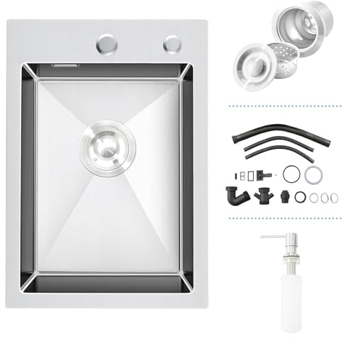 iAnomla Lavandino Cucina Brushed, 35x50 cm, Lavello Cucina 1 Vasca in Acciaio Inox, Lavello da Esterno per Camper con Set di Drenaggio e 2 Fori di Preforato, Installazione a Sopratop o Filotop