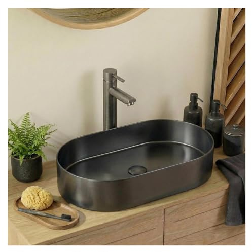 MOB-IN Lavabo da appoggio ovale Gunmetal in acciaio inox, 55 x 35 cm, con piletta abbinata