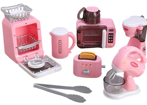 Monwssoe Kids Kitchen Set, Pretend Play Toy with Working Microwave, Toaster & Coffee Maker, 6+ Mini Appliances for DIY Assembly, Kitchen Toys for Girls & Boys Ages 6 and Up Style 3