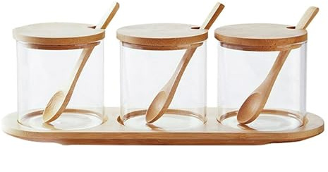Set of 3 Glass Storage Jars with Bamboo Lids and Spoons with Tray Airtight Kitchen Storage Containers for Sugar Coffee Tea Spice Honey Condiments Snacks Clear Glass Pots Modern Countertop Organiser