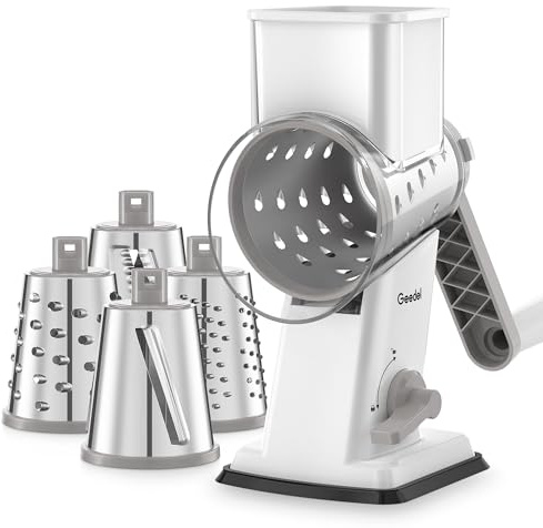 Geedel Cheese Grater Rotary, Vegetable Slicer Shredder, Graters for Kitchen | Stainless Steel Drums, 18x Fast Cutting, Larger Stronger Suction Base, Dishwasher Safe, No BPA, for Cheese, Vegetable & Nut