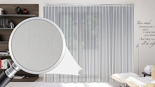 Sun World Maßgeschneiderte weiße Voile Store Gardine „Stripe“ inklusive Blei und Automatik Faltenband 1:2,5, 3er Falte, Vorhang nach Maß, Höhe 90 – 295 cm (265 x 400 cm/HxB)