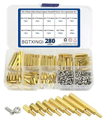 BGTXINGI 280 Stück M2.5 Messing-Stecker-Buchse/Buchse-Buchse Distanzstück Abstandshalter-Schraubenmutter-Sortiment und Edelstahl-Schraubenmutter-Set (Messing M2.5)