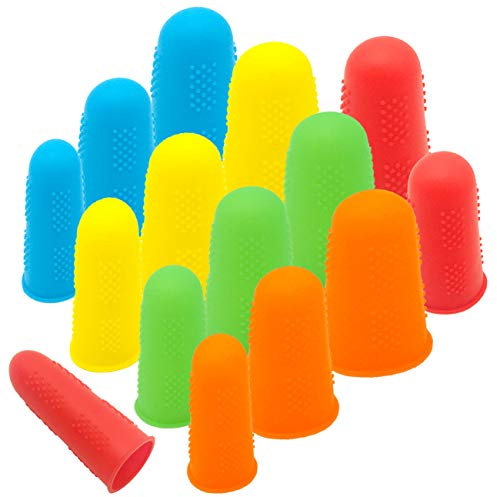 CKANDAY 15 Pack Silicone Hot Glue Gun Finger Caps, 5 colors Finger Guard Protectors or Hot Glue Wax Rosin Resin Honey Adhesives Scrapbooking Sewing in 3 Sizes-Red/Blue/Yellow/Orange/Green