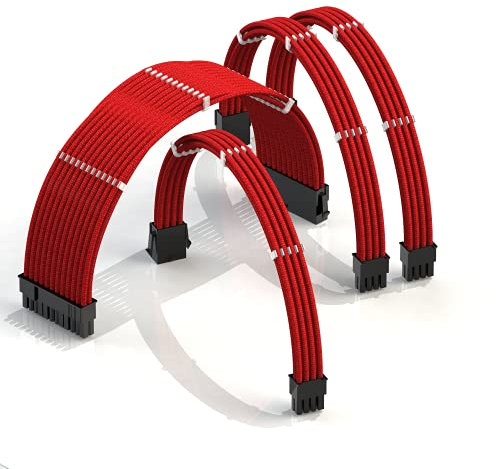 LINKUP - AVA 30cm PSU Cable Extension Sleeved Custom Mod GPU PC Braided w/Comb Kit | 1 x 24 P (20+4) | 1 x 8 P (4+4) CPU | 2 x 8 P (6+2) GPU set | 300mm - Red