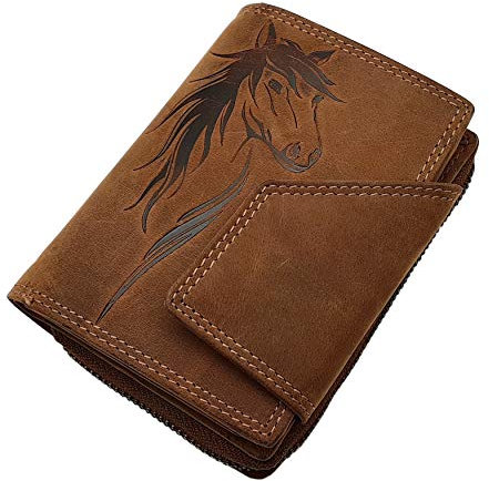 Echt Büffel-Vollleder Damen Geldbörse / Geldbeutel / Portemonnaie / Portmonaise / Geldtasche / Portmonee in Hochformat mit Pferd-Motiv mit RFID & NFC Schutz in Cognac