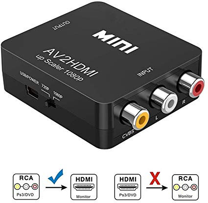 Sisthirth Adattatore da AV a HDMI,1080P RCA Composite CVBS AV to HDMI Video Audio Converter Adapter PAL/NTSC with USB Charge Cable per PC Laptop Xbox PS4 PS3 TV STB VHS VCR Camera DVD (Nero)