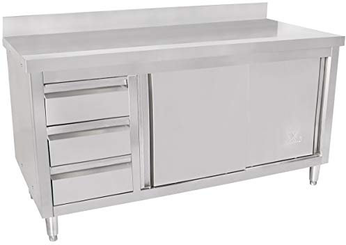Beeketal 'BAS160-70L' Gastro Edelstahl Küchenschrank mit 3 Schubladen (links), 2 Rolltüren und 4 verstellbaren Standfüßen, Küchen Arbeitsplatte mit 10 cm Aufkantung - (L/B/H) ca. 1700 x 700 x 950 mm