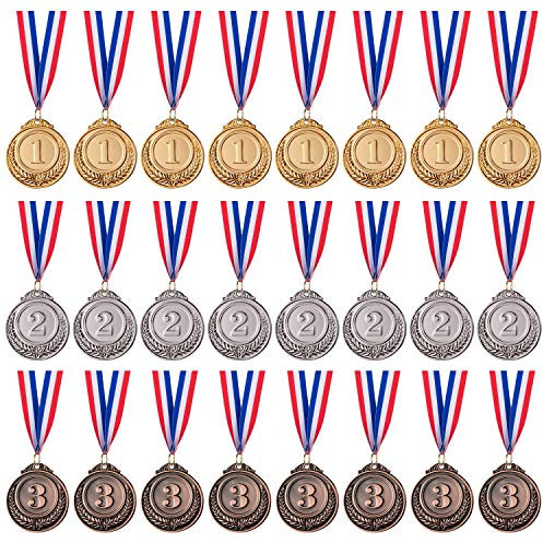 favide 24-stk. Gold, Silber, Bronze Metall Medaillen Gewinner Award Medaillen Preise für Wettbewerbe, Party - Zinklegierung, Rund, 5 cm, 39 cm Band