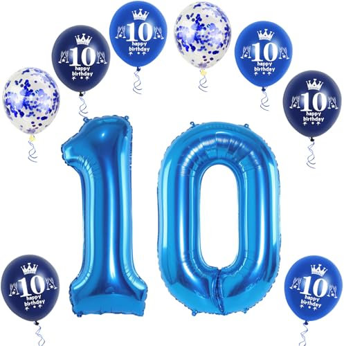 XL Folienballon 10 Geburtstag, Folienballon Zahl 10, Zahl 10 Blau, Luftballons 10, Nummer 10 Luftballon Blau, 32 Geburtstagsdeko Ballon 10