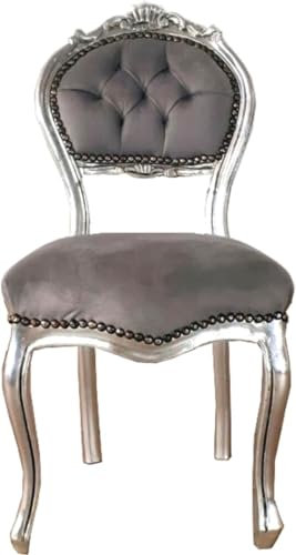 Casa Padrino Barock Damen Stuhl Grau/Silber 40 x 44 x H. 83 cm - Handgefertigter Schminktisch Stuhl mit edlem Samtstoff - Möbel im Barockstil