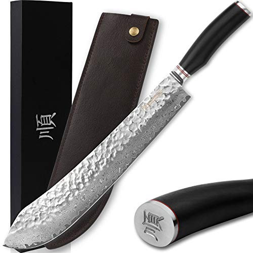 YOUSUNLONG Super Bull Nose Couteau de boucher - Lame en acier inoxydable Damas japonais de haute qualité - Couteau à briser extra long 355mm - Manche ergonomique en bois d'ébène avec étui