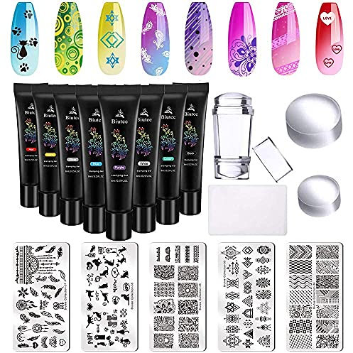 Biutee Nagel Stamping Set Mit 8 Farben Stamping Gel Und 5 Nagelschablonen, Feder | Katzen | Blume Nagel Stempel, French Nails Stempel Nagel Designing Zubehör für Geburtstage Hochzeiten Weihnachten