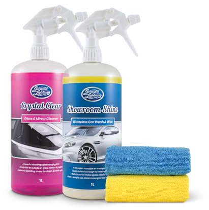 Bodywork & Windows Twin Pack - Showroom Shine 1L Waterless Wash and Wax & Crystal Clear 1L Glass & Mirror Cleaner Plus 2 Microfibre Cloths Pack