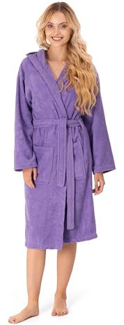 Twinzen Bademantel Damen - 100% Baumwolle (350g/m²) OEKO-TEX® Zertifiziert - Morgenmantel Damen mit Kapuze, 2 Taschen, Gürtel - Lila - XL