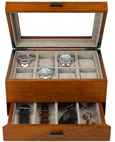 LOEAPEA Holz Uhrenbox mit Valet Schublade - Massivholz Vitrine für große Herren Armbanduhren | Kommode Organizer mit Aufbewahrung für Schmuck, Sonnenbrillen und Uhrenarmband