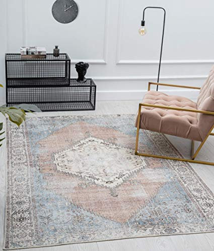 the carpet Zen Klassicher Vintage Wohnzimmer Teppich im Modernen Used Look, Superflach, Waschbar bis 30 Grad, Baumwollrücken, Orient Muster, Rot Blau, 160 x 230 cm