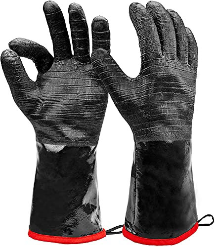Heat Resistant BBQ Gloves, Long Sleeve Grill Gloves, Textured Gripto Handle Wet, Geasy or Oily Foods Fire and Food Safe Turkey Fryer Grill Oven Mitts for Smoker, Grilling and Barbecue Small 14