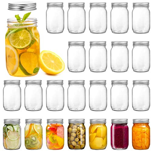 Tebery 24 Pack Clear Plastic Mason Jars with One Piece Lids, 8OZ Mason Cocktail Cup Shatterproof Drinking Jar, Honey, Spices and Herbs