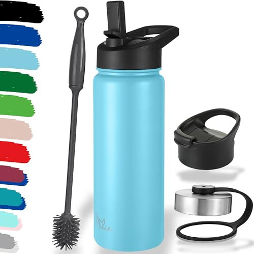 Milu Bouteille en acier inoxydable 500ml, 750ml, 1l (+3 couvercles) - Bouteille thermo avec paille, bouteille d'eau, pour boissons chaudes, froides et gazeuses (Bleu ciel, 500ml)