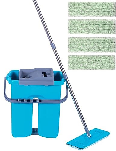 GBPro Premium Flat Floor Mop and '8' Litre Bucket with Wringer Set for WET & DRY Use - plus 4 Microfibre Mop Pads