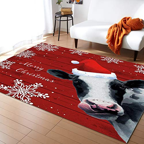 Alfombra de área grande for sala de estar, diseño de copos de nieve con diseño de vaca lechera de Feliz Navidad, fondo rojo, alfombra suave y cómoda for decorar el hogar, alfombras de corredor contemp