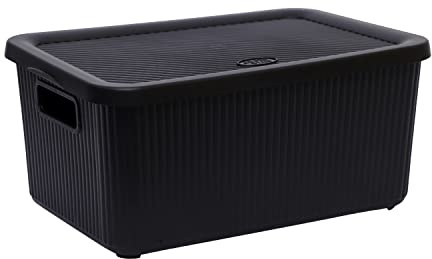 M1SS 7L Litre Small Storage Box with Lid And Handle Rib Box Stackable BPA Free Virgin Plastic Boxes For Home and Office Use. (28cm x 20cm x 14cm) (Black)