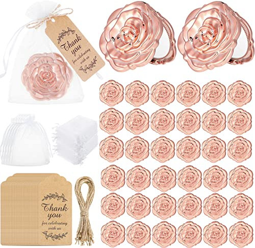 Woanger Kompaktspiegel-Set mit Rosen-Form, 36-teiliges Set, Hochzeitsgeschenke, inklusive Spiegel in Rosenform und Dankeschön-Etiketten, Jute-Schnur mit weißem Organza-Beutel für Quinceanera,