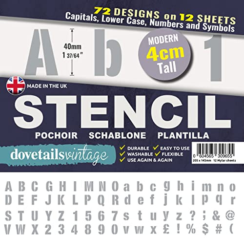 Dovetails Vintage 4 cm Tall Letter Stencil Kit - Modern Style Upper and Lower Case with Numbers and Symbols