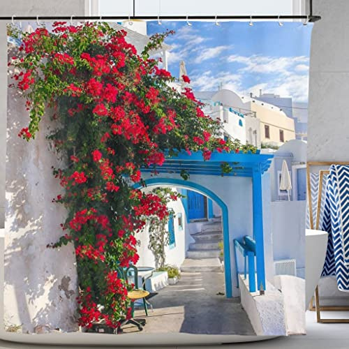 Abaysto Duschvorhang, Polyester, wasserdicht, 3D-Digital-Malerei, Muster für Duschkabine, Badezimmervorhänge mit 12 Haken (180 x 180 cm, griechische Bougainvillea)