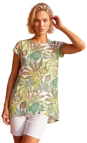 Roman Originals Textured Fan Print Stretch Hanky Hem Top for Women UK - Ladies Everyday Holiday Spring Summer Round Neckline Comfy Soft Evening Vacation Work Party
