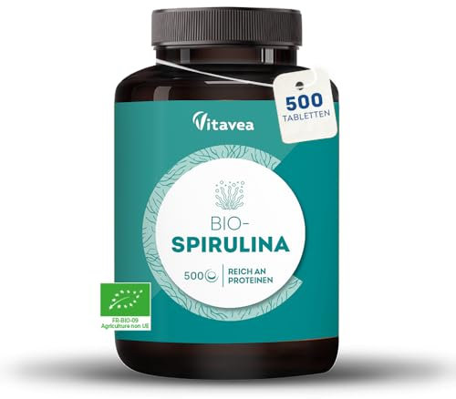 Spiruline BIO Ultra Pure 1500 mg - 500 comprimés - Sans Excipients, Riche en Protéines, Phycocyanine, Fer, Antioxydants - Immunité, Fatigue - Vegan - Fabriqué en France - Vitavea