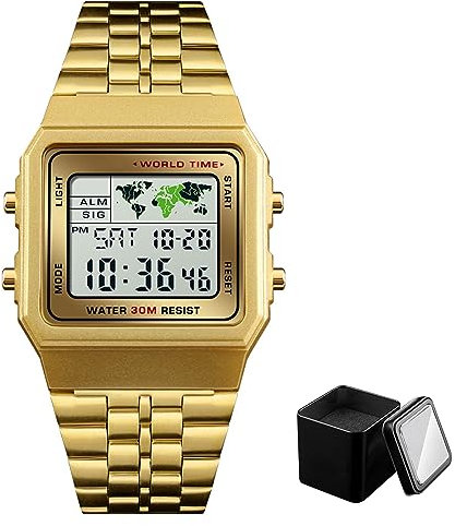 Tevimpeya Herren-Digitaluhr mit Edelstahlarmband, wasserdichte Uhr, Herren-Sportuhr mit LED-Lichtanzeige, multifunktionale Quarzuhr, Stoppuhr, Silber, goldfarben, M, Armband