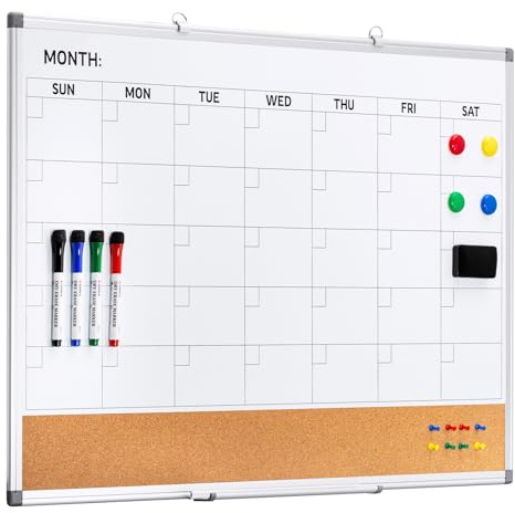 Comix Dry Erase Calendar Whiteboard Corkboard Combo, 36 * 24 inch Monthly Calendar and Bulletin Board Combination for Wall, Aluminum Frame Planner with Dry Erase Markers, Magnets, Push Pins