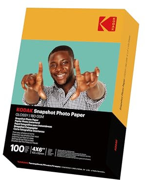 KODAK Snapshot Photo Paper - Instant Photo Paper, Glossy Finish, Pack of 100 Sheets, 102 x 152mm, 180 gsm, Compatible with Inkjet Printers