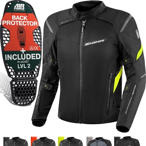 SHIMA RUSH Giacca Moto Uomo con Protezioni 4 Stagioni | AIRFORCE Paraschiena | Giacchetta da Moto Impermeabile Estiva Tuta Pantaloni Touring (Neon, Uomo, Giubbotto, Taglia S)