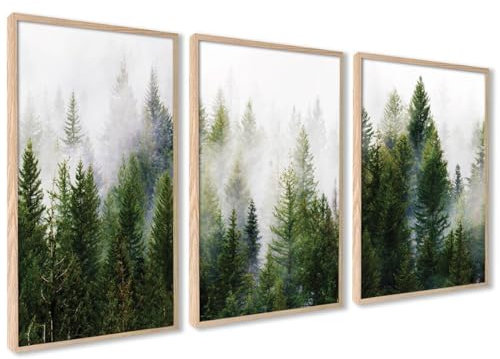 ag.art deco Wald im Nebel Bild Kunstdruck | 3 Stück DIN A4 21x30cm mit RAHMEN holz | Wohnzimmer Schlafzimmer Küche Esszimmer und Badezimmer Poster Set
