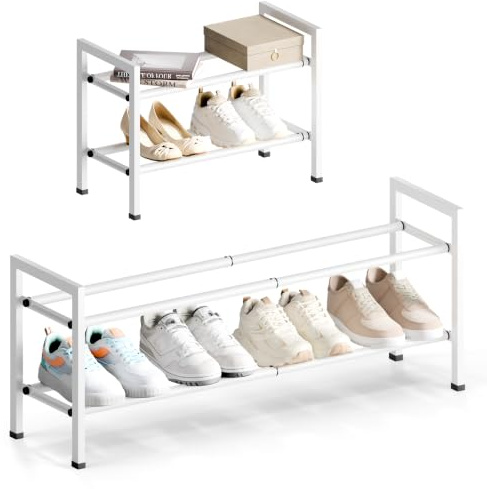Bumusty Ausziehbares Schuhregal 2 Etagen, Verstellbar, Weiß | 45–83 cm verstellbarer Schuhständer aus Metall für Schränke, Flure und kleine Räume, platzsparende Schuhaufbewahrung.