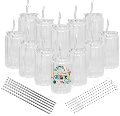 AGH life 12 Pack 16oz Sublimation Glass Cups Blanks with Lids and Straws, Clear Glass Cans Vertical Stripes, Borosilicate Glass Tumbler, Sublimation Beer Can for Iced Coffee Juice