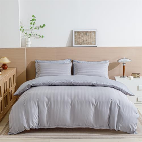 YASMENG Satin Bettwäsche 220x240 Grau Gestreift Bettwäsche Satin Glänzend Luxus Bettbezug Set Weich Seidig Seide Bettwäsche 3 Teilig mit Reißverschluss und 2 Kissenbezüge 80x80 cm