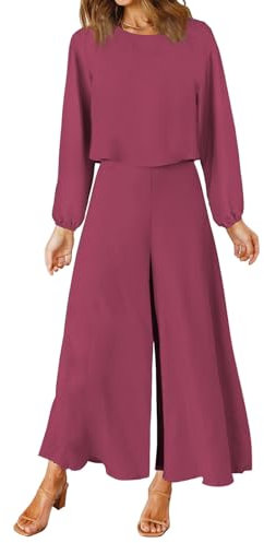 FANCYINN Conjunto de dos piezas para mujer de verano Manga larga de cuello redondo y pantalón ancho cortado Fucsia profunda XXL