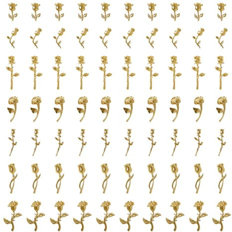 Lot de 70 breloques en forme de rose 3D pour nail art - Petites fleurs en métal - En acrylique - Pour bijoux et loisirs créatifs - Doré