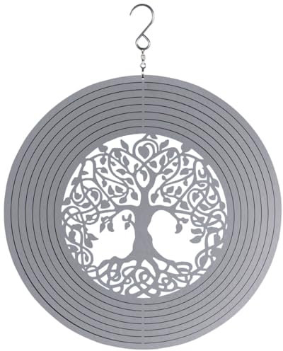 Windspiel aus Edelstahl in Silber hängende Fensterdekoration - Wetterfestes Metall Windspiel mit 7cm Hänger als Gartendeko für Balkon und Garten - Klangspiel und Sonnenfänger mit Lebensbaum