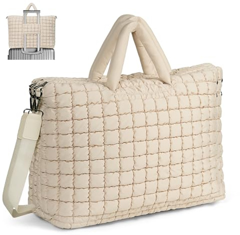 ANKICK Gesteppte Reisetasche für Reisen, große Puffertasche, Wochenendtasche, weiche Sporttasche, großes geschwollenes Handgepäck über Nacht, Beige, 410.00x320.00x110.00mm/16.14x12.6x4.33inch, Modern