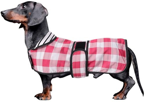MOREZI Hunderegenmantel mit Reflexstreifen, Regen-/wasserdicht, verstellbare Weste, geeignet für kleine und mittelgroße Hunde wie Dackel-Pink-Kariert -M