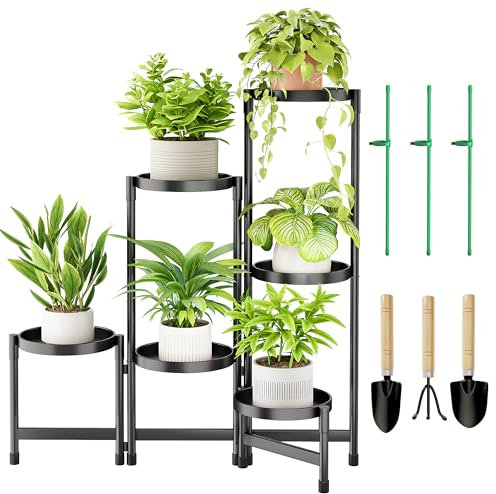 Cawukege 6 Tier Metal Plant Stand Indoor Clearance, Foldable Corner Plant Shelf Outdoor, Tiered Flower Pot Display Stand, Black Multiple Plants Holder for Patio Living Room Balcony Garden Home Decor