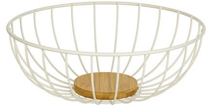 Baroni Home Portafrutta in Metallo con Fondo in Legno, Fruttiera Rotonda da Tavola, Accessori da Cucina Linea Happy 25x25x10 cm, Portafrutta